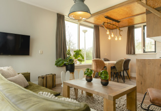 Lichte, moderne woonkamer in de Baby & children bungalow op Vakantiepark Mölke in Nederland met eethoek.