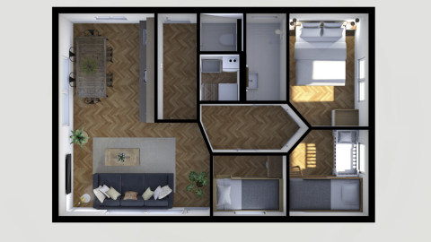 3D-Grundriss des Baby & children bungalow im Holiday Park Mölke mit Wohnzimmer, Küche und drei Schlafzimmern.