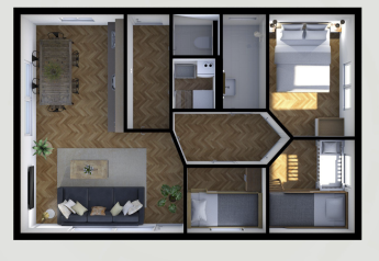 3D plantegning af Baby & children bungalow ved Holiday Park Mölke med moderne stue, køkken og tre soveværelser.