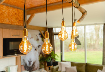 Hanglampen met gloeilampen in een gezellige lodge bij Vakantiepark Mölke in Nederland, houten details.