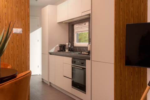 Moderne, compacte keuken in een Tiny Cabin bij Holiday Park Mölke, Nederland, met witte kasten en houtaccenten.