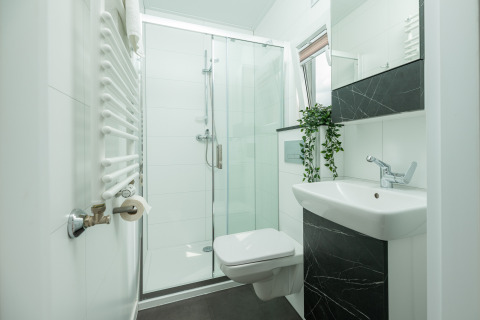 Salle de bain moderne avec douche en verre, toilettes murales, lavabo et plante au Tiny Cabin, Mölke, Pays-Bas.
