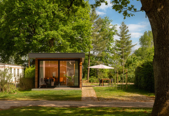 Pequeña cabaña en Holiday Park Mölke en los Países Bajos, rodeada de árboles y área exterior con sombrilla y sillas.