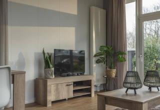 Sala en Cosy Cabin en Holiday Park Mölke, Países Bajos, con TV, plantas y ventana con vista al jardín.