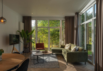 Modern living room in the Nature Cabin at Holiday Park Mölke, Netherlands, with large windows to nature.
