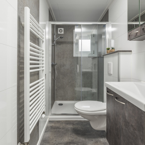 Baño moderno con ducha, inodoro suspendido y radiador toallero en Nature Cabin, Holiday Park Mölke.