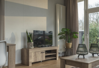 Stilfuld stue i hyggelig hytte på Holiday Park Mölke, med tv, grønne planter og træmøbler.