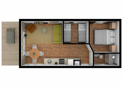 Top view of River Lodge at Holiday Park Mölke, Netherlands, showing living area, kitchen, and two bedrooms.