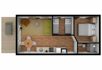 Bovenaanzicht van River Lodge in Holiday Park Mölke, Nederland, met leefruimte, keuken en twee slaapkamers.