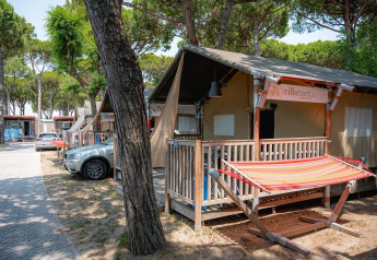 Tenda safari al Villatent Outback con amaca e veranda, circondata da alberi alti e auto parcheggiate.