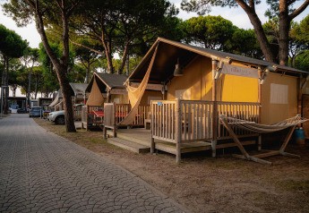 Foto delle tende safari Villatent Outback tra pini, con amaca e veranda in legno illuminate dal tramonto.
