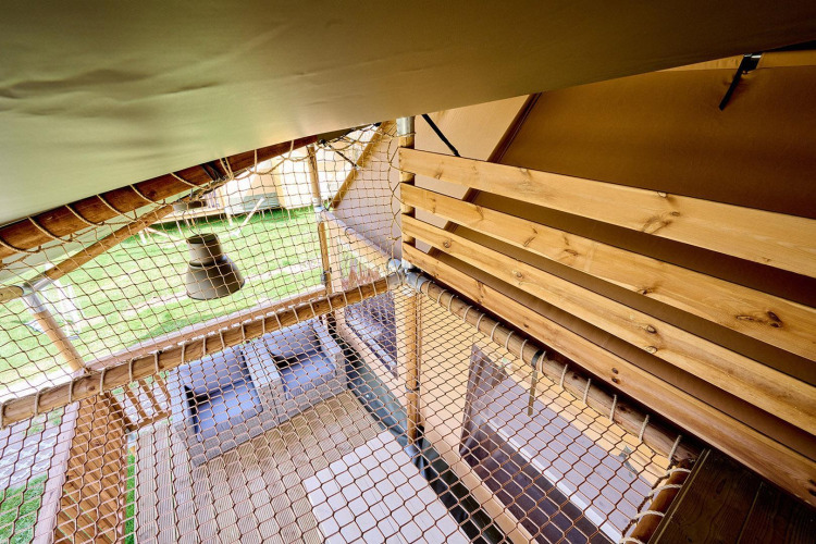 Vista interior de la tienda safari Villatent Ranger con suelo de madera, pasarela de red y vistas al exterior.