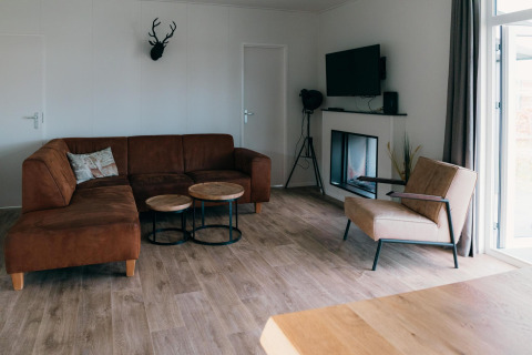 Woonkamer in Veluwe Villa met bruine sofa, moderne zetel, haard, televisie en groot raam naar buiten.