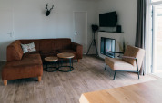 Sala de estar en Veluwe Villa con sofá marrón, sillón moderno, chimenea, TV y suelo de madera clara.