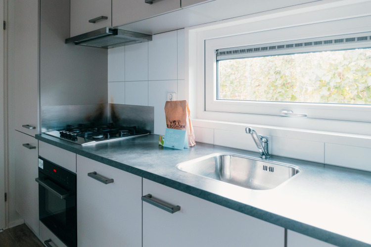 Modern kitchen with stove, oven, sink, and large window in Veluwe Villa + sauna lodge, daylight scene.