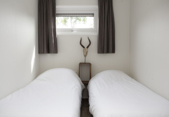 Chambre avec deux lits simples, couettes blanches, petite fenêtre, rideaux sombres et crâne d’antilope au mur.