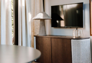 Moderne woonkamer met houten kast, flatscreen-tv en lamp in Tiny Wellness Cabin, Holiday Park De IJsvogel.
