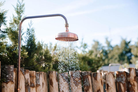 Doccia esterna con soffione in rame presso Tiny Wellness Cabin al De IJsvogel, Paesi Bassi, tra gli alberi.