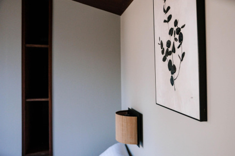 Interior de la Tiny Wellness Cabin en Holiday Park De IJsvogel con arte de pared, estante y lámpara.