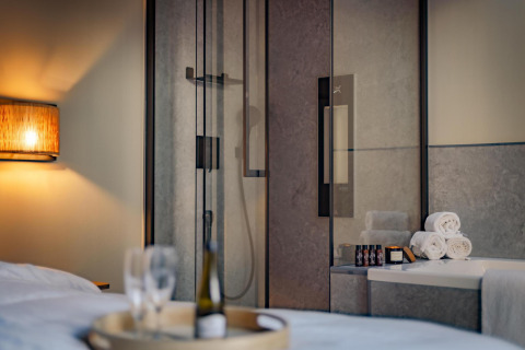 Moderne douche en wellnessruimte in de Tiny Wellness Cabin bij Holiday Park De IJsvogel in Nederland.
