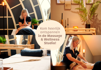 Afslappende massage- og wellnessstudio i et lille hus med hyggelig indretning og plantepynt.