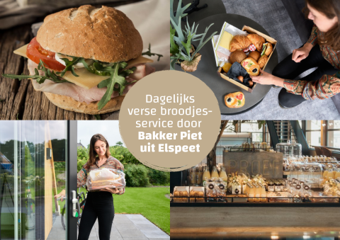 Fresh bread delivery by Baker Piet to a tiny house. Close-up of sandwich, pastries, drinks and bakery.