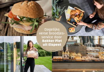 Entrega diaria de pan fresco de Bakker Piet en una tiny house con sándwiches, pasteles y bebidas.