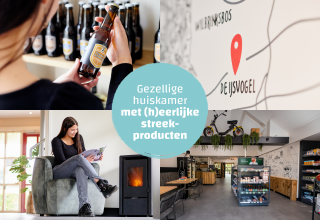 Collage inside a tiny house featuring local products, a cozy lounge area, and a map with De IJsvogel.