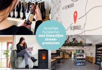 Collage in een tiny house met streekproducten, gezellige zithoek en kaart met De IJsvogel gemarkeerd.