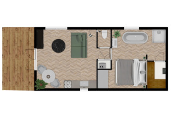 Plantegning af River Lodge Wellness på Holiday Park Mölke i Holland, der viser værelser og indretning.