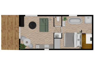 Plattegrond van River Lodge Wellness bij Holiday Park Mölke in Nederland met zicht op kamers en inrichting.