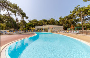 Udendørs swimmingpool med liggestole og skovområdet bagved på Camping Le Bois de la Gachère i Pays de la Loire.