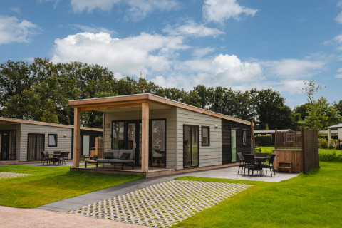 Tiny house Panorama Lodge con vasca idromassaggio a Vakantiepark Hölte, Paesi Bassi, nel verde.
