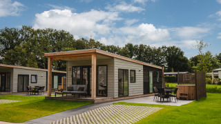 Tiny house Panorama Lodge avec jacuzzi, Vakantiepark Hölte, Pays-Bas, entourée de pelouse verte.