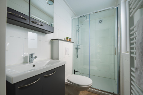 Bagno moderno e compatto al Panorama Lodge di Vakantiepark Hölte, Paesi Bassi, con doccia e lavandino.