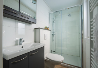 Moderne, lille badeværelse i Panorama Lodge på Vakantiepark Hölte med brusekabine og spejlskabe.