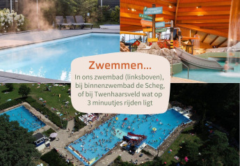 Collage von Schwimmbädern bei einer Glamping-Unterkunft: Außenpool, Hallenbad und Freibad.