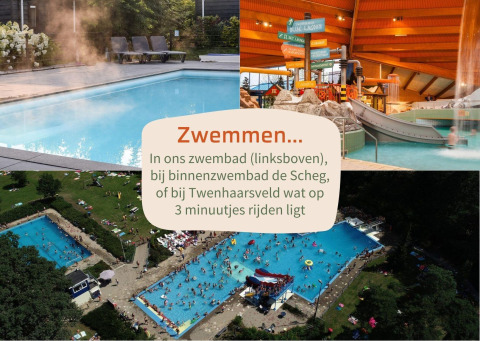 Collage de piscinas en un alojamiento glamping: al aire libre, cubierta y una gran piscina pública.
