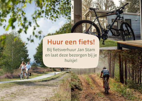 Anuncio de alquiler de bicicletas en glamping, con fotos de bicicletas, ciclistas y entrega a la cabaña.