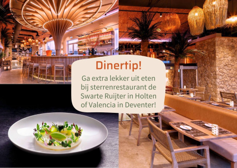Restaurante moderno con iluminación creativa, plato gourmet y recomendación para cenar en Holten o Deventer.