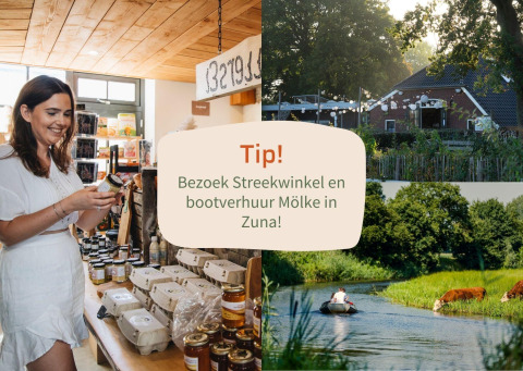 Vrouw in streekwinkel, sfeertje huis en bootje op rivier in Zuna; glamping tip voor winkel en verhuur.