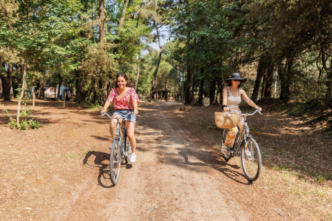 Two women biking on a sunlit forest path at Camping Le Bois de la Gachère, Pays de la Loire, France.