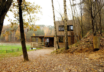 Modern tiny house met houten gevel aan bosrand, herfstbladeren, Shelter + jacuzzi terras.