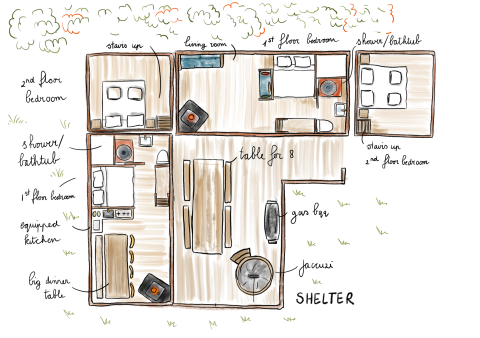 Plattegrond van een tiny house met jacuzzi bij Cosy Cabins in het bos van Limburg, België.