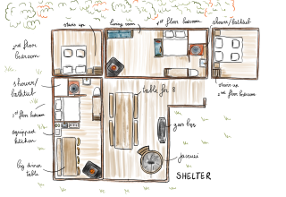 Plattegrond van een tiny house met jacuzzi bij Cosy Cabins in het bos van Limburg, België.