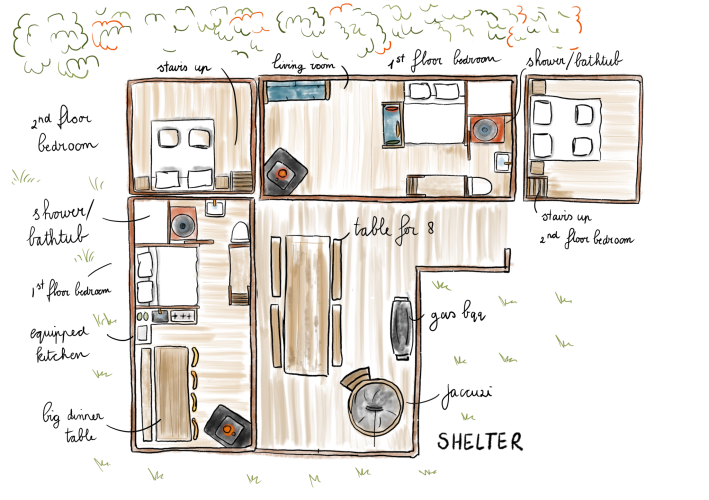 Floor plan of a tiny house with jacuzzi at Cosy Cabins, located in the forest of Limburg, Belgium.