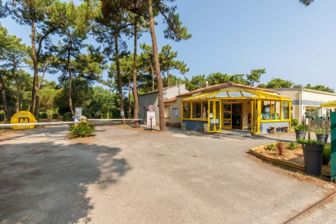 Ingresso del Camping Le Bois de la Gachère, parco vacanze tra pini in Pays de la Loire, Francia.