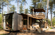 Moderne houten lodge Treetrunk met hot tub en dakterras, omgeven door hoge bomen in het bos.