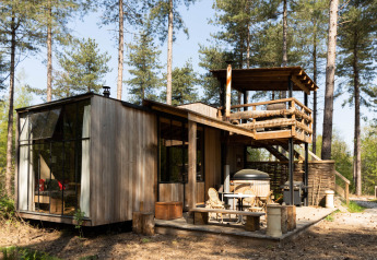 Moderne houten lodge Treetrunk met hot tub en dakterras, omgeven door hoge bomen in het bos.