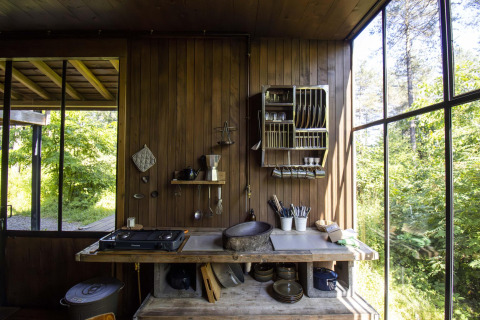Cocina rústica en una cabaña con paredes de madera, grandes ventanas y vista al bosque exterior.